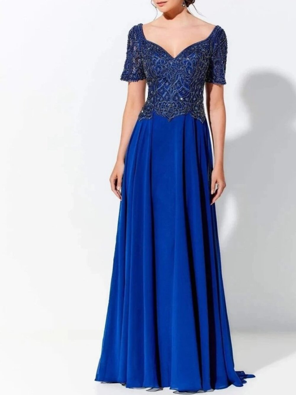 Ivonne D Mon Cheri Blue Beaded Embroidered A-Line Dress
